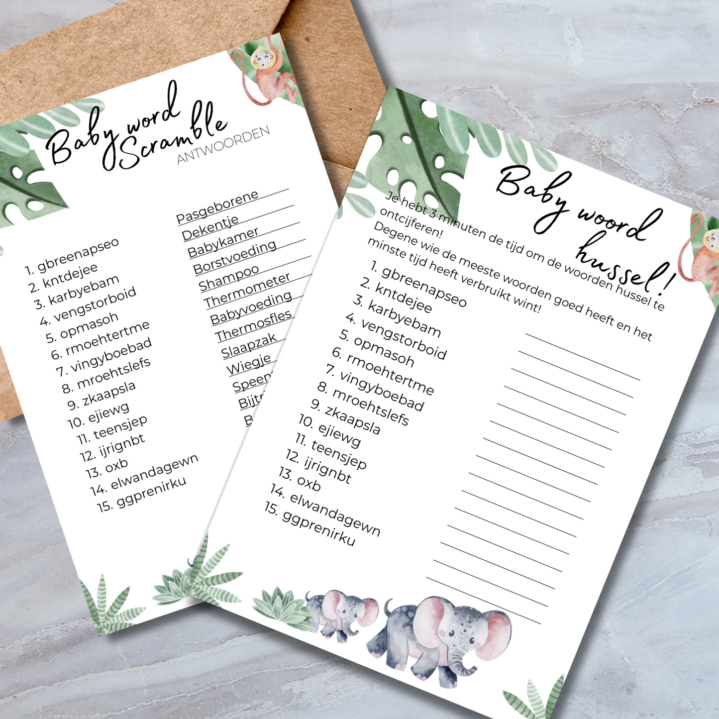 Babyshower Spelletjes Bundel Safari Thema - 10 Downloadbare Spelletjes