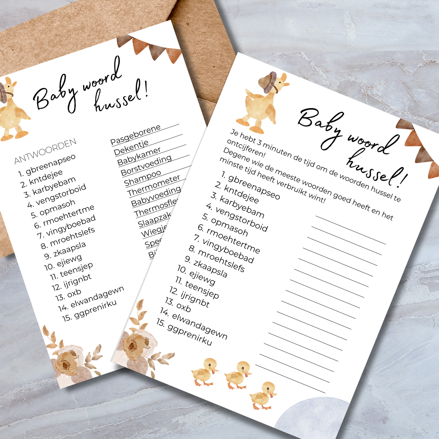 Baby Woord Hussel Spel - Beige Boho Thema - Direct Download