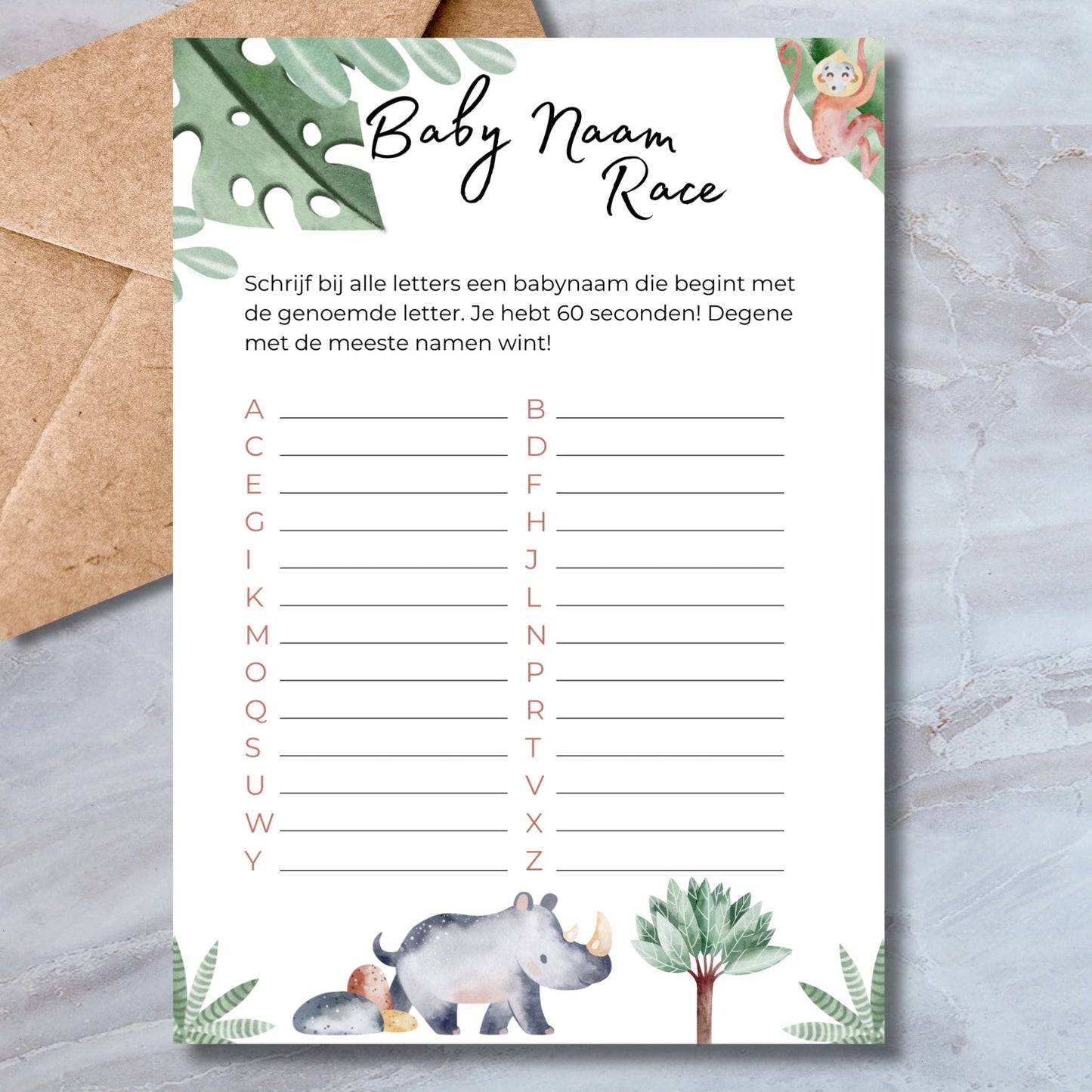 Baby Naam Race Spel - Safari Dieren Stijl - Directe Download - Print & Plan
