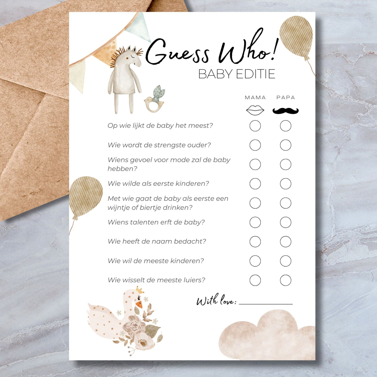 Babyshower Guess Who! Spel - Beige Boho Thema - Direct Downloaden - Print & Plan