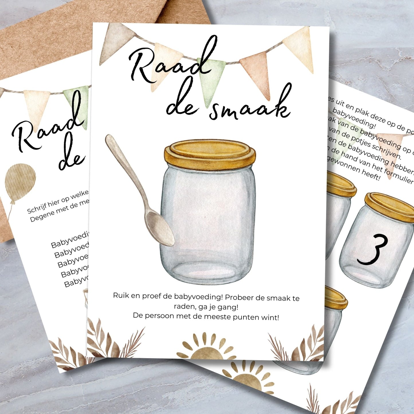 Babyshower Raad de Smaak Spel - Beige Boho Stijl - Download - Print & Plan