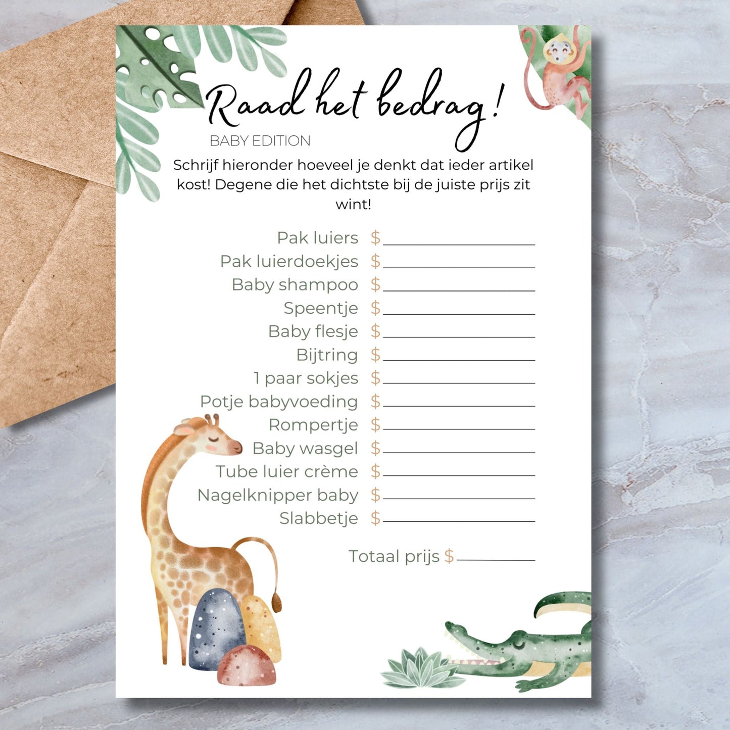 Babyshower The Price is Right! Spel - Safari Dieren Thema - Download - Print & Plan
