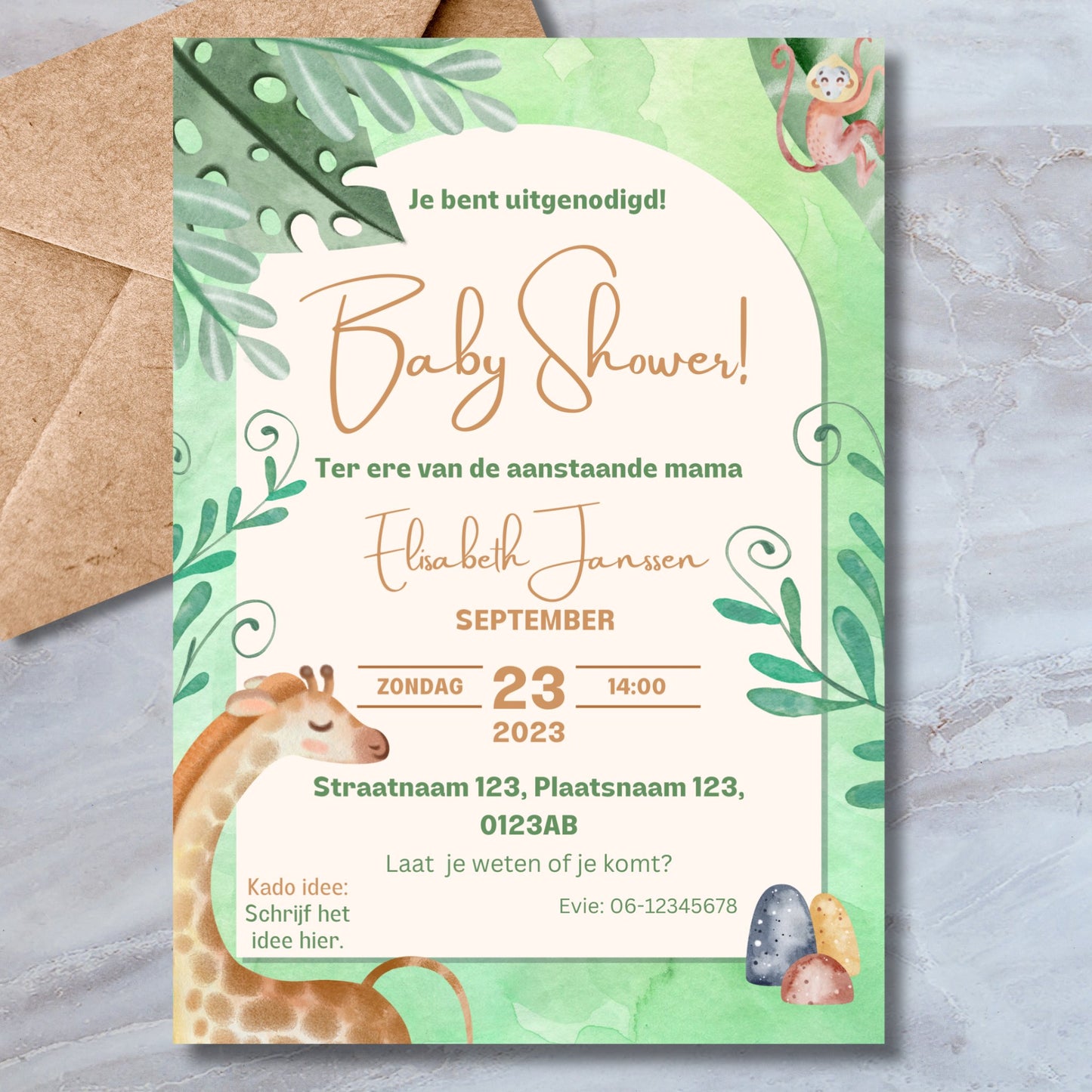 Babyshower Uitnodiging met Safari Design - Download - PDF in A4, A5, A6 Bundel - Print & Plan