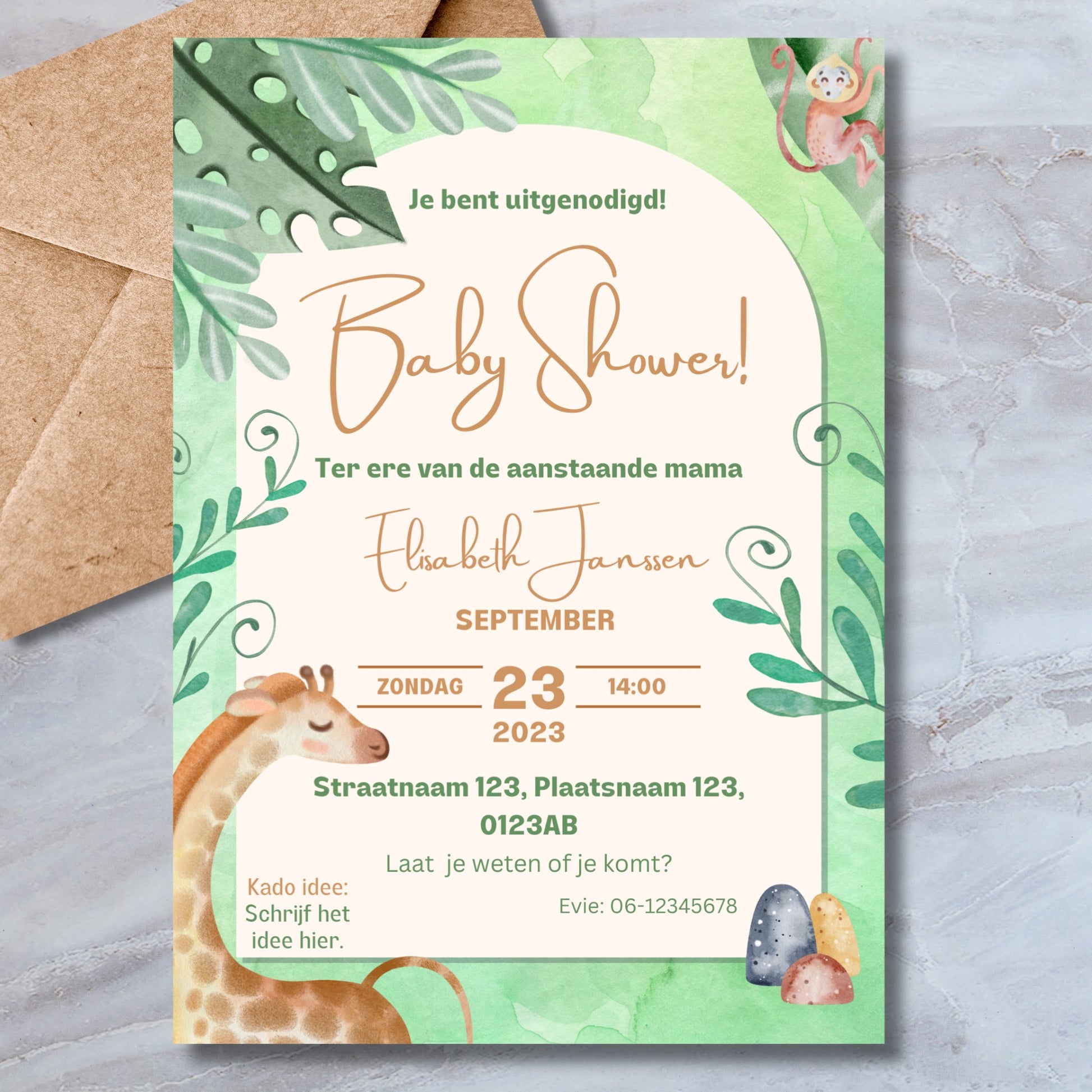 Babyshower Uitnodiging met Safari Design - Download - PDF in A4, A5, A6 Bundel - Print & Plan