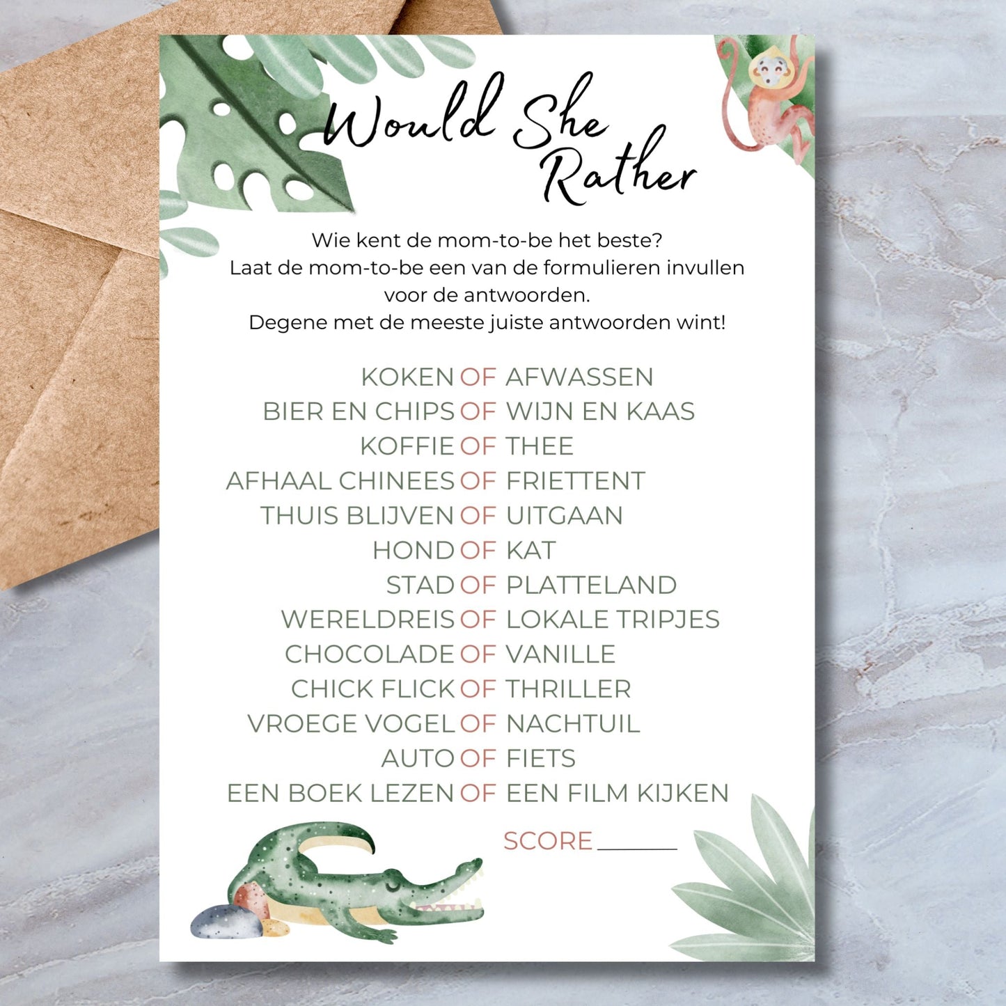 Babyshower Would She Rather? Spel - Safari Dieren Thema - Download - Print & Plan