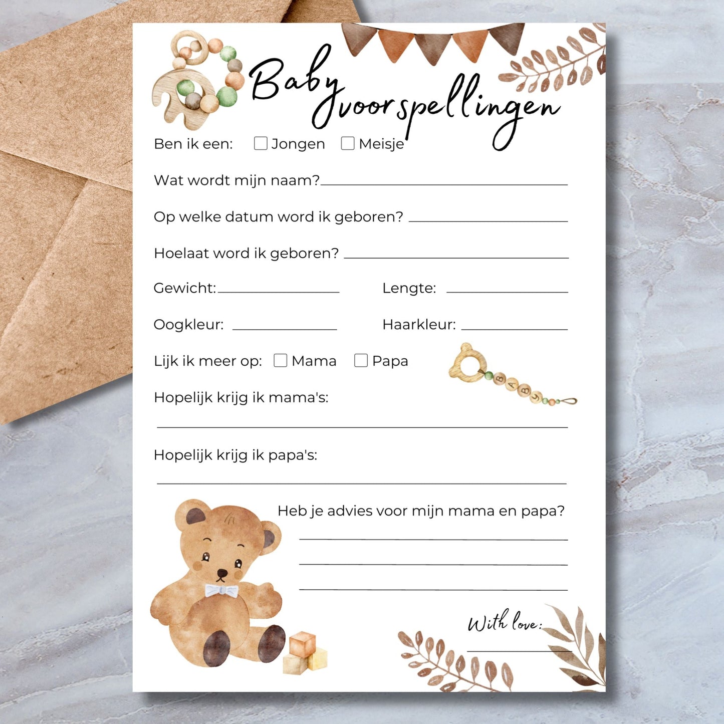 Babyvoorspellingen Spel - Beige Boho Thema - Direct Downloaden - Print & Plan