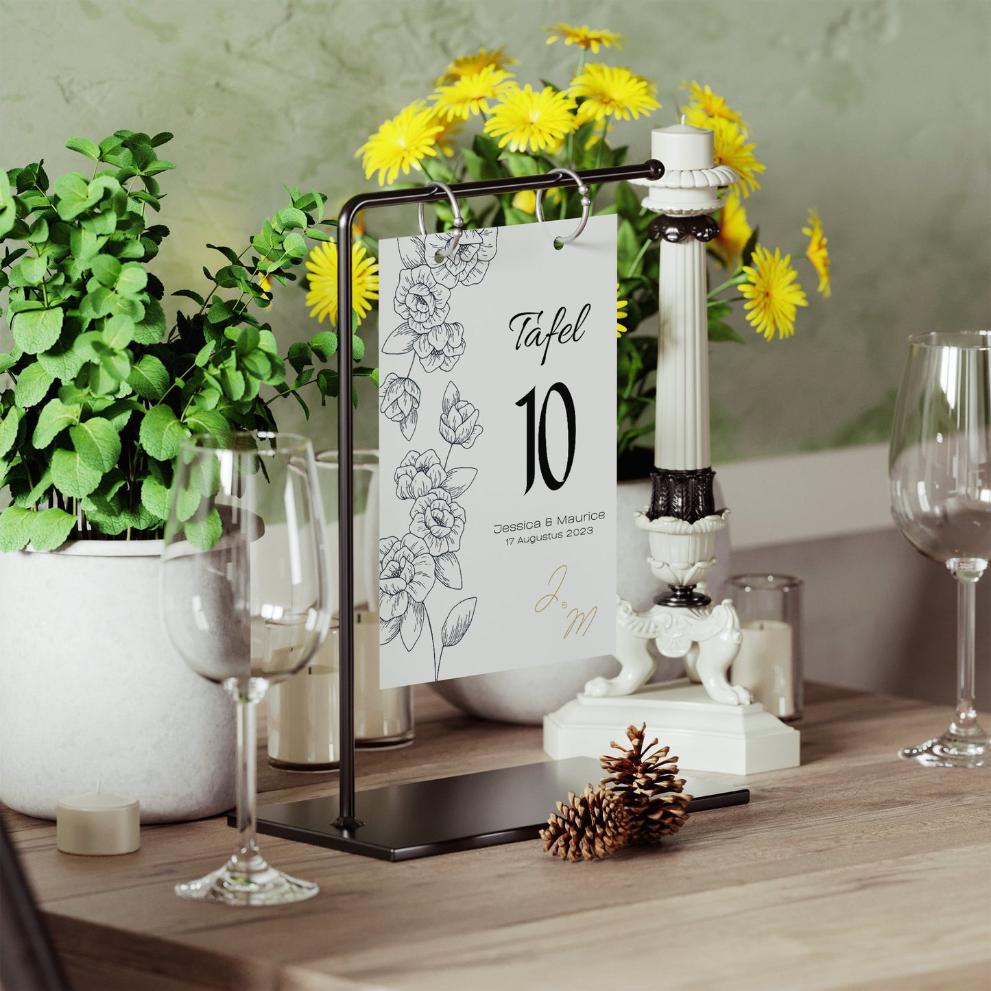 Bruiloft Tafelnummer Canva Template - Elegant Floral Lines - Downloadbaar PDF - A4, A5, A6 - Print & Plan