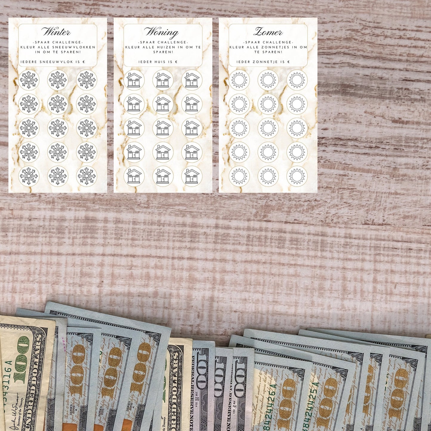 Cash stuffing Challenges - 43 Verschillende Challenges - Marmer Goud - Download 9x16 cm en 8,5x16 cm - Print & Plan