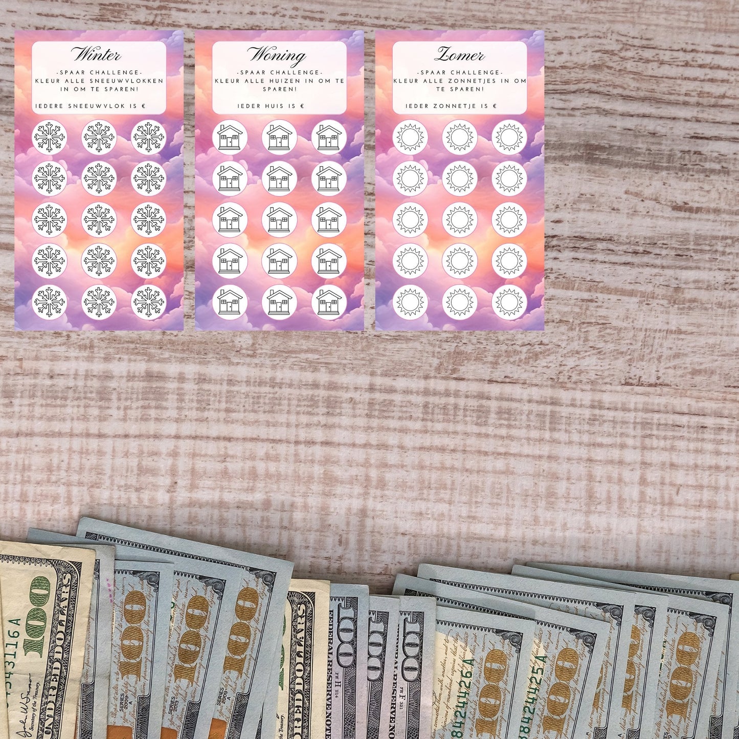 Cash stuffing Challenges - 43 Verschillende Challenges - Pastel sunset - Download 9x16 cm en 8,5x16 cm - Print & Plan