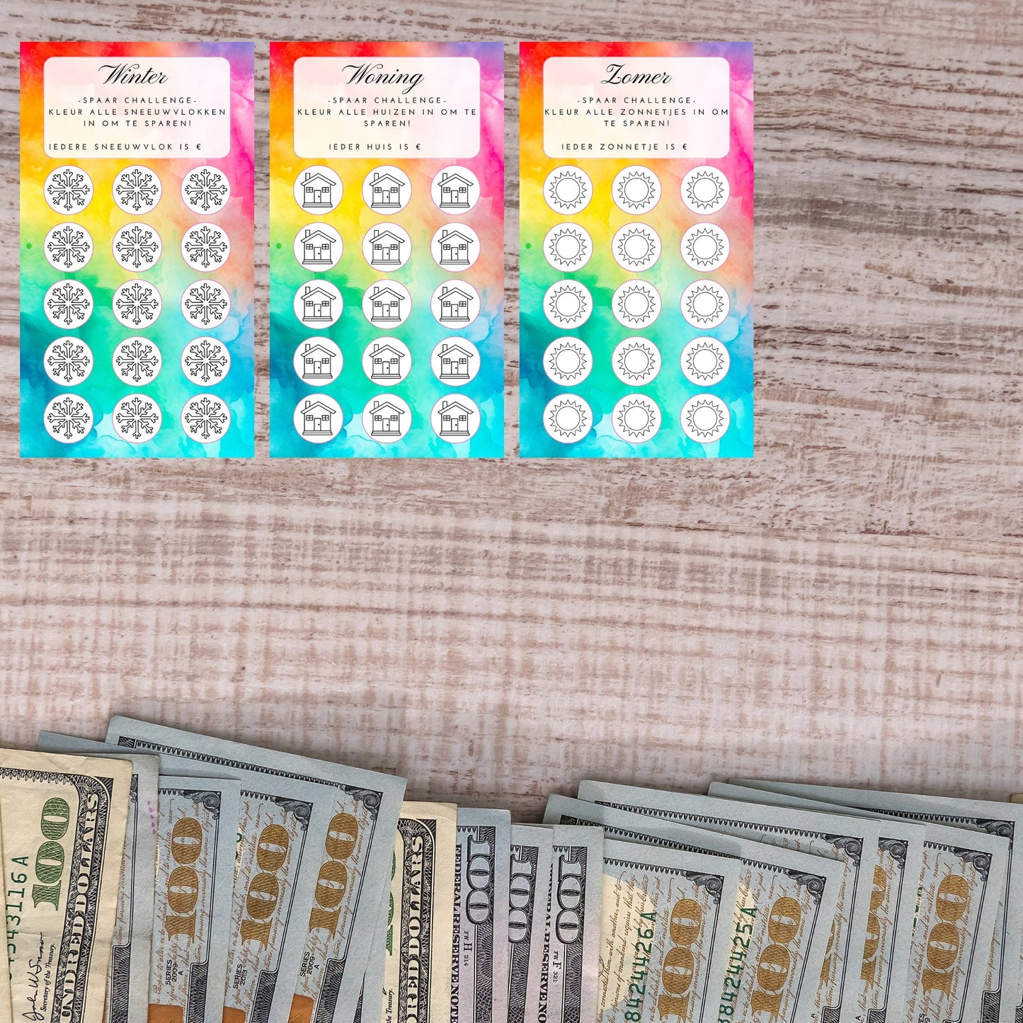 Cash stuffing Challenges - 43 Verschillende Challenges - Regenboog - Download 9x16 cm en 8,5x16 cm - Print & Plan