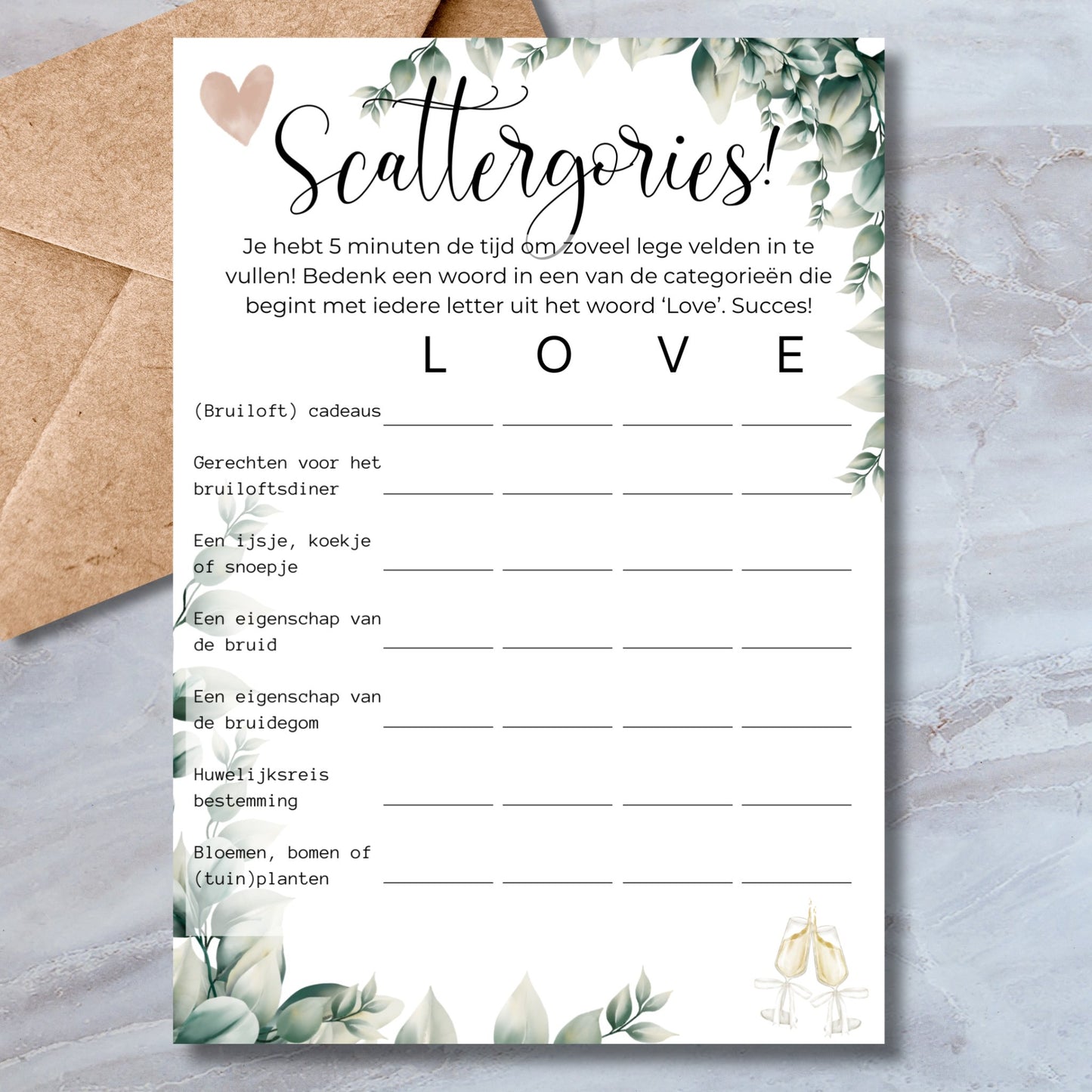 Digitale Love Scattergories Invulkaarten - Directe Download - Print & Plan
