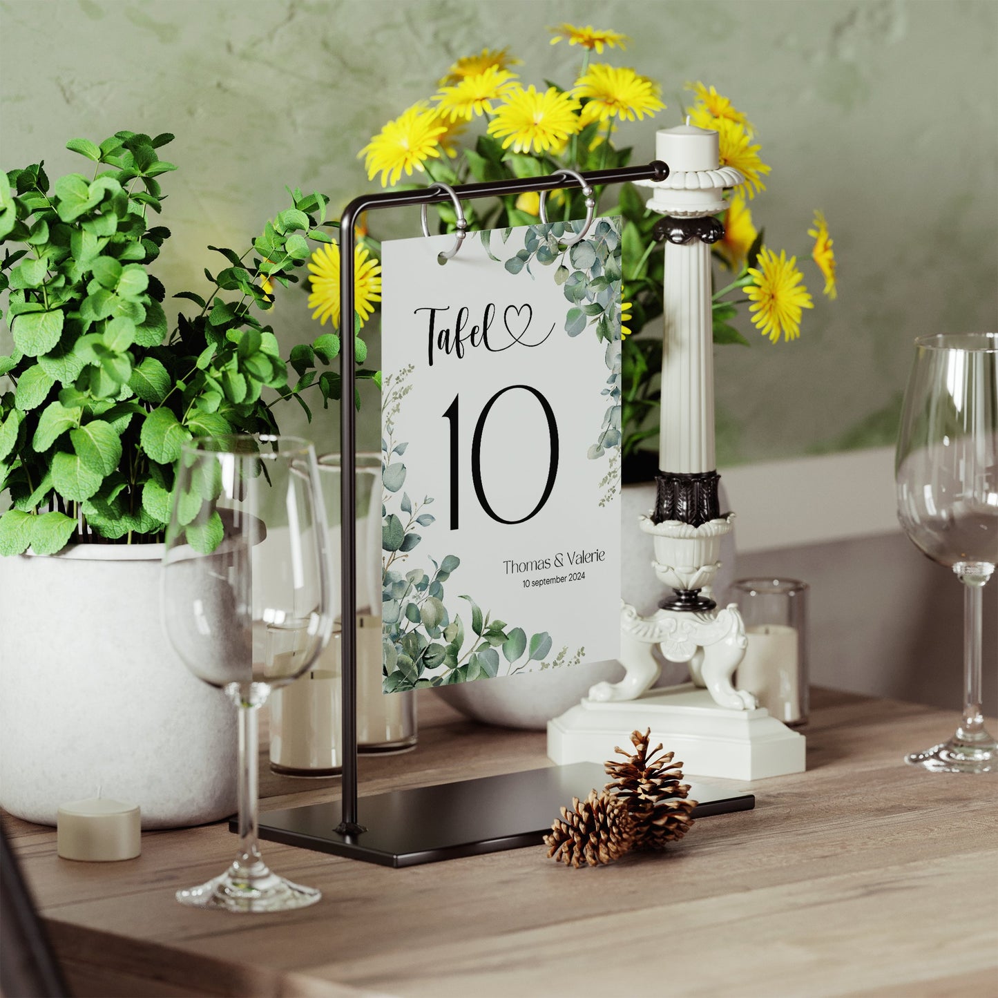 Downloadbaar Tafelnummer met Eucalyptus Design - PDF in A4, A5, A6 Bundel - Print & Plan