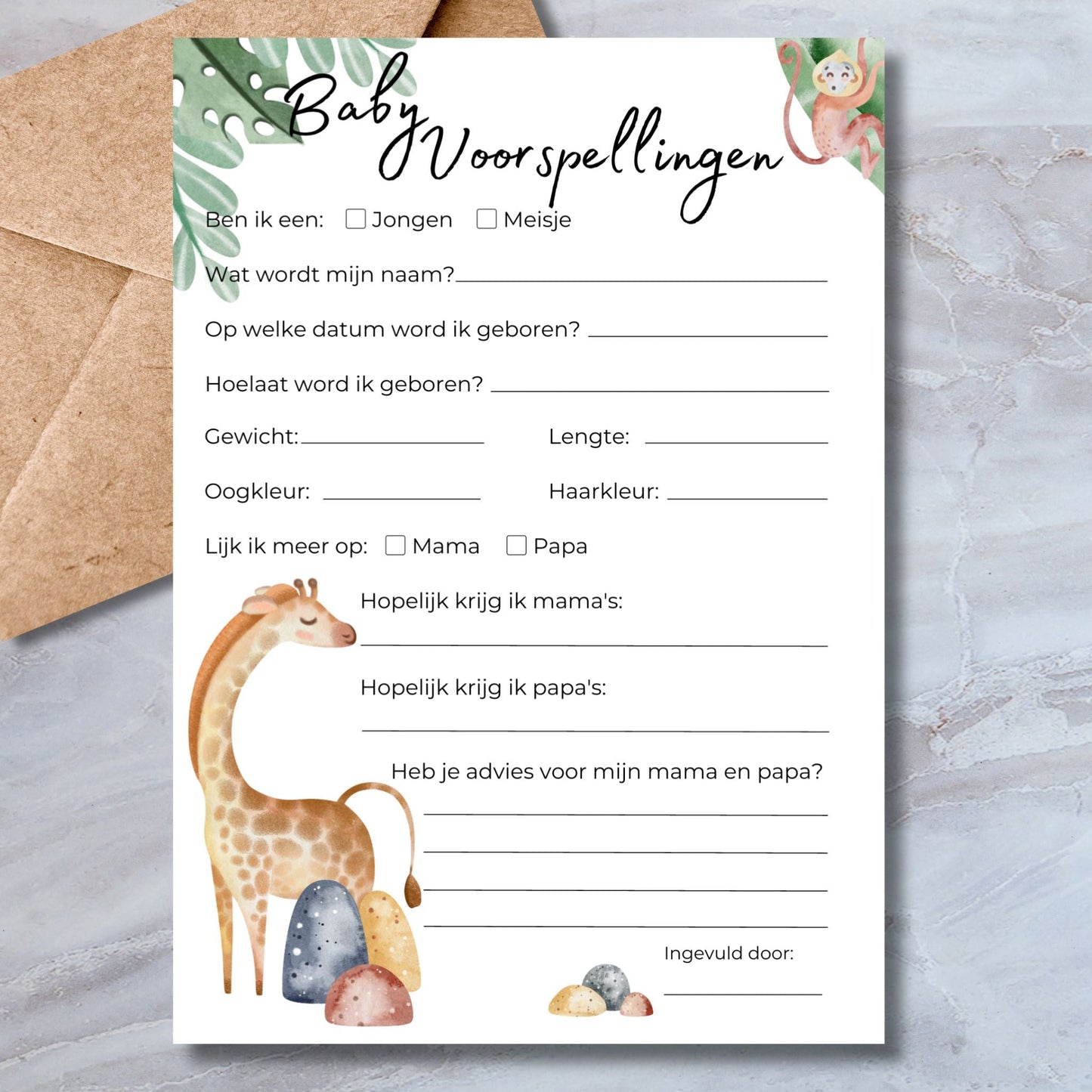 Instant Download Baby Voorspellingen - Safari dieren Thema Kaart, A4, A5 en A6 - Print & Plan