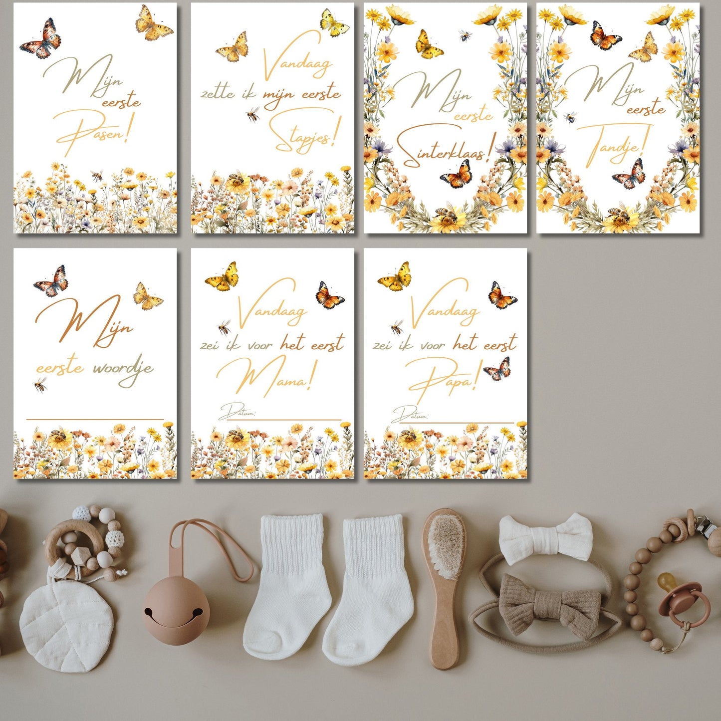 Mijlpaalkaarten set voor baby's 1e jaar - Downloadbare PDF - 31 Kaarten A4, A5 en A6 Formaat - Wildflowers - Print & Plan
