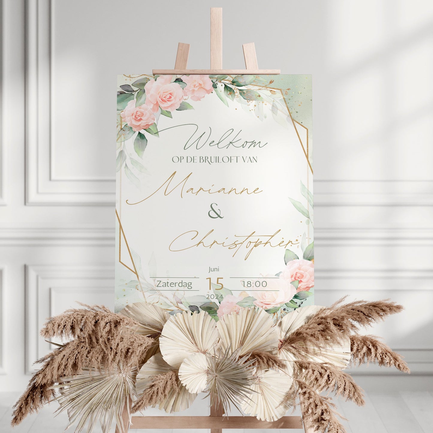 Pink Green Floral Welkomstbord voor Huwelijk - Downloadbaar Bestand in A3, A4, A5 formaat - Print & Plan