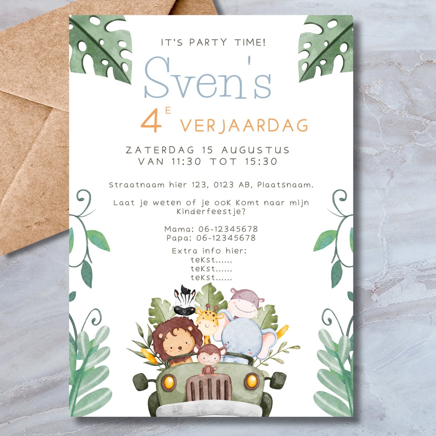 Safari Kinderfeest Uitnodiging - Downloadbaar Bestand in A4, A5, A6 Formaten - Print & Plan