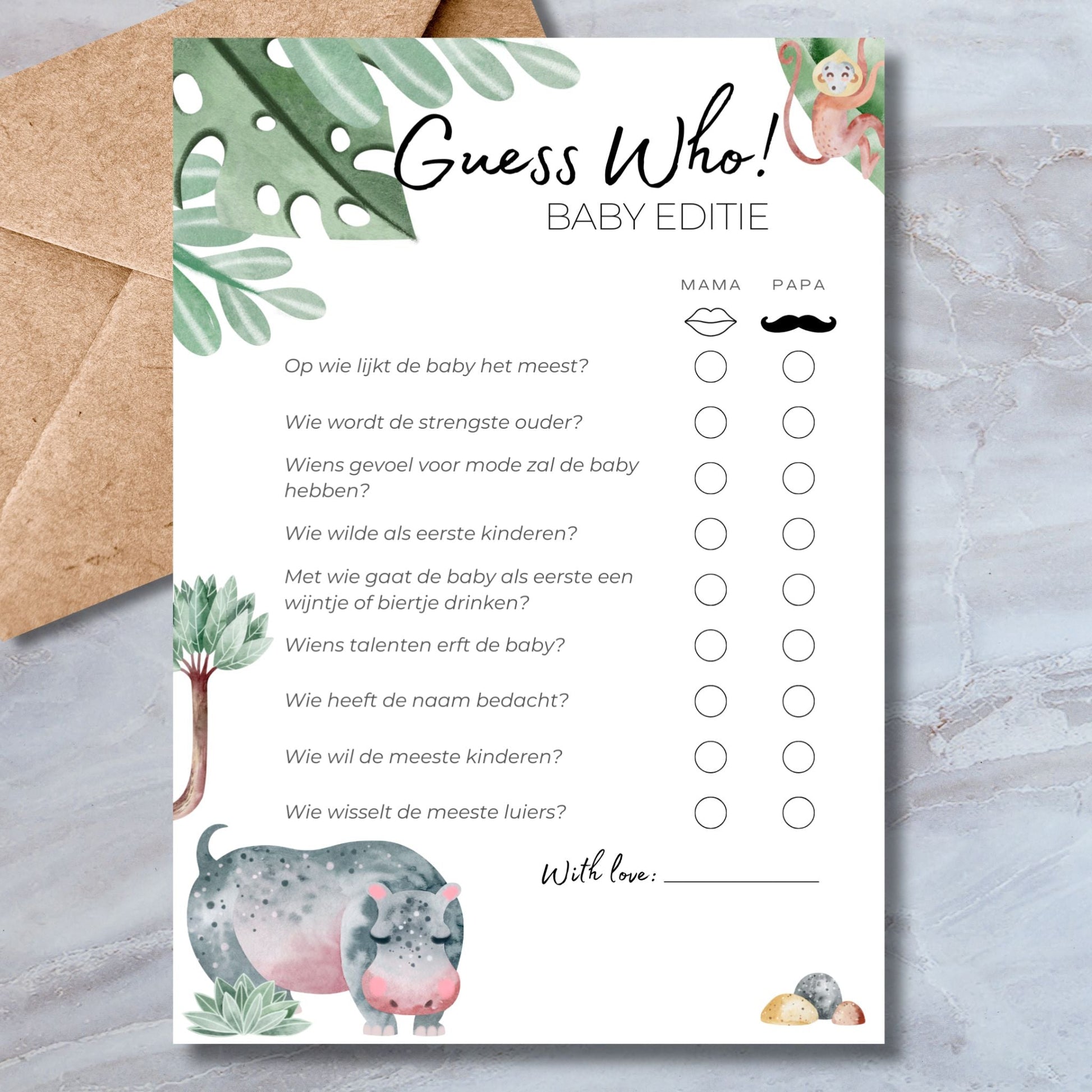 Babyshower Guess Who! Spel - Safari Dieren Thema - Direct Downloaden - Print & Plan