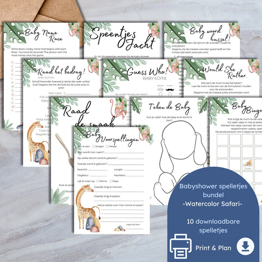 Babyshower Spelletjes Bundel Safari Thema - 10 Downloadbare Spelletjes - Print & Plan