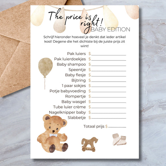 Babyshower The Price is Right! Spel - Beige Boho Thema - Download - Print & Plan