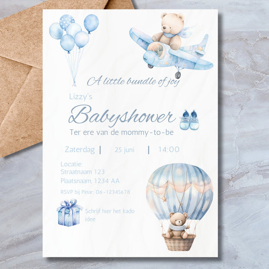 Babyshower Uitnodiging Blauw - Download - A4, A5, A6 PDF - Print & Plan