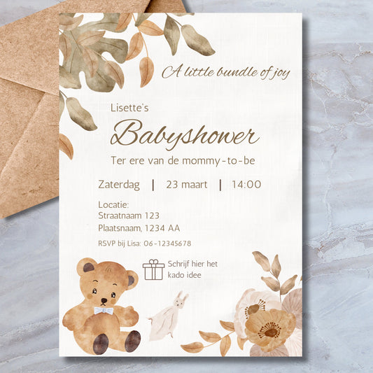Babyshower Uitnodiging met Beige Boho Thema - Download - PDF in A4, A5, A6 Bundel - Print & Plan