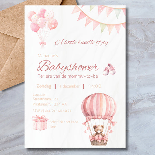 Babyshower Uitnodiging met Roze - Download - A4, A5, A6 PDF - Print & Plan