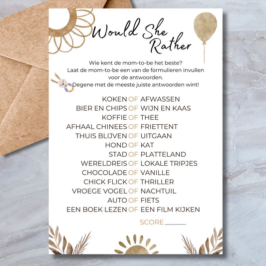 Babyshower Would She Rather? Spel - Beige Boho Thema - Download - Print & Plan