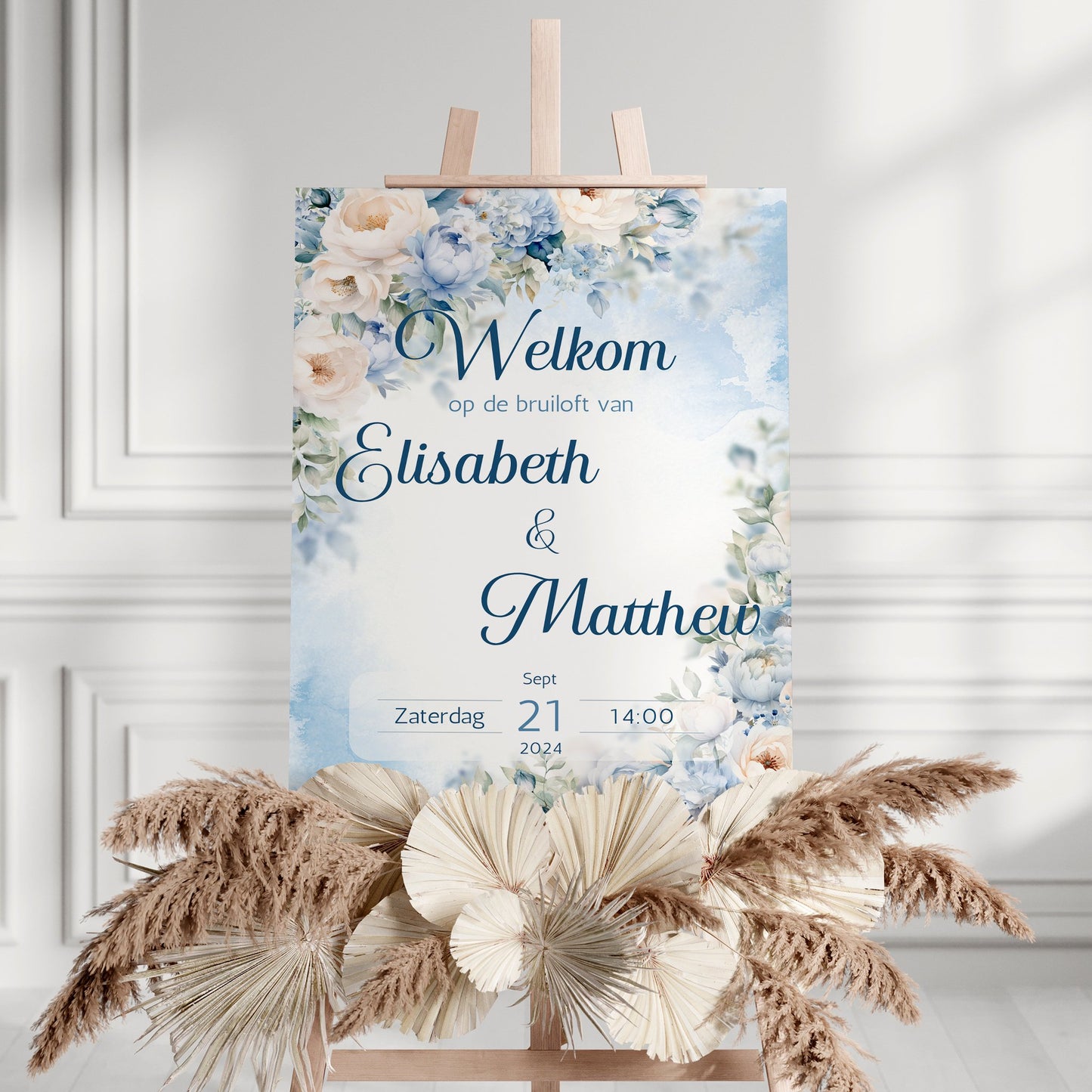 Blauw Floral Welkomstbord voor Huwelijk - Downloadbaar Bestand in A3, A4, A5 formaat - Print & Plan