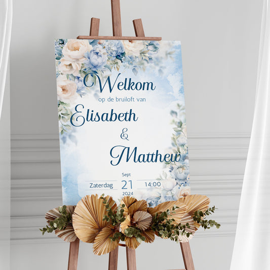 Blauw Floral Welkomstbord voor Huwelijk - Downloadbaar Bestand in A3, A4, A5 formaat - Print & Plan