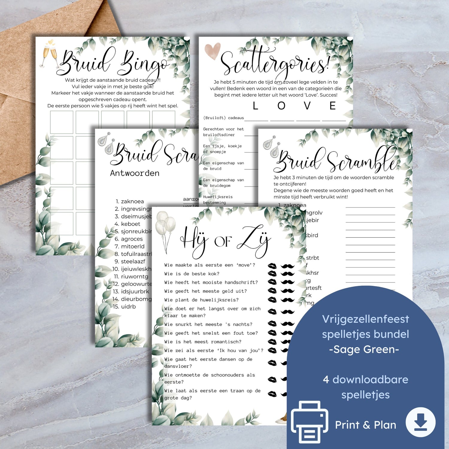 Bruiloft Spelletjes Bundel 4 spelletjes- Sage Green - Leuk voor het vrijgezellenfeest! - Digitale Download - Print & Plan