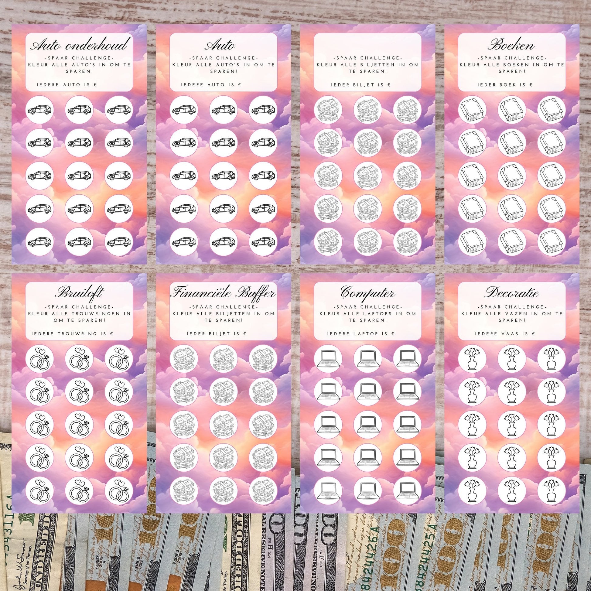 Cash stuffing Challenges - 43 Verschillende Challenges - Pastel sunset - Download 9x16 cm en 8,5x16 cm - Print & Plan