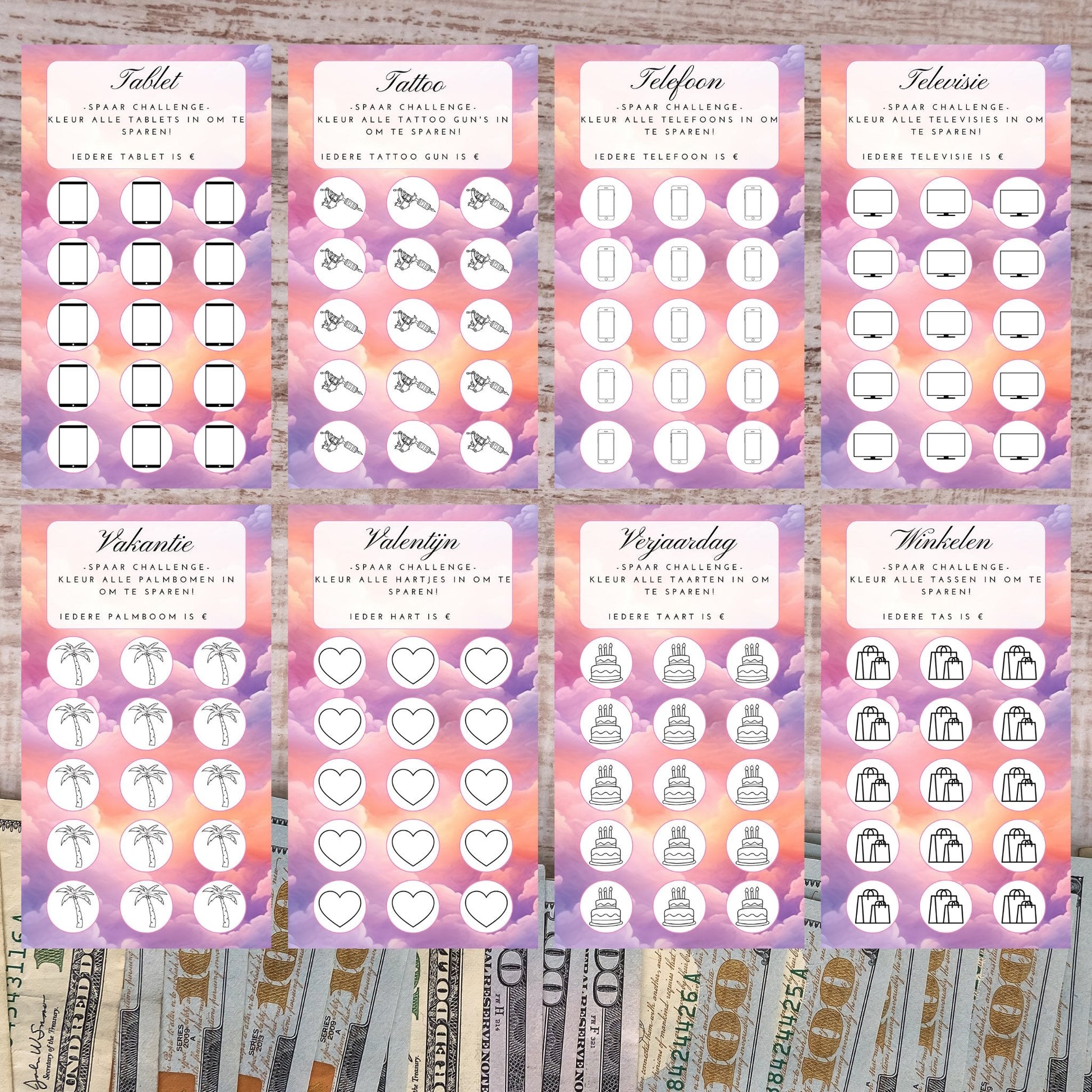 Cash stuffing Challenges - 43 Verschillende Challenges - Pastel sunset - Download 9x16 cm en 8,5x16 cm - Print & Plan