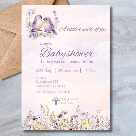 Downloadbare Babyshower Uitnodiging met Pastel Vogeltjes Thema - A4, A5, A6 PDF - Print & Plan