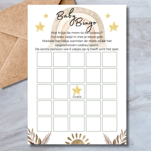 Instant Download Baby Bingo - Beige Boho Thema Kaart, A4, A5 en A6 - Print & Plan
