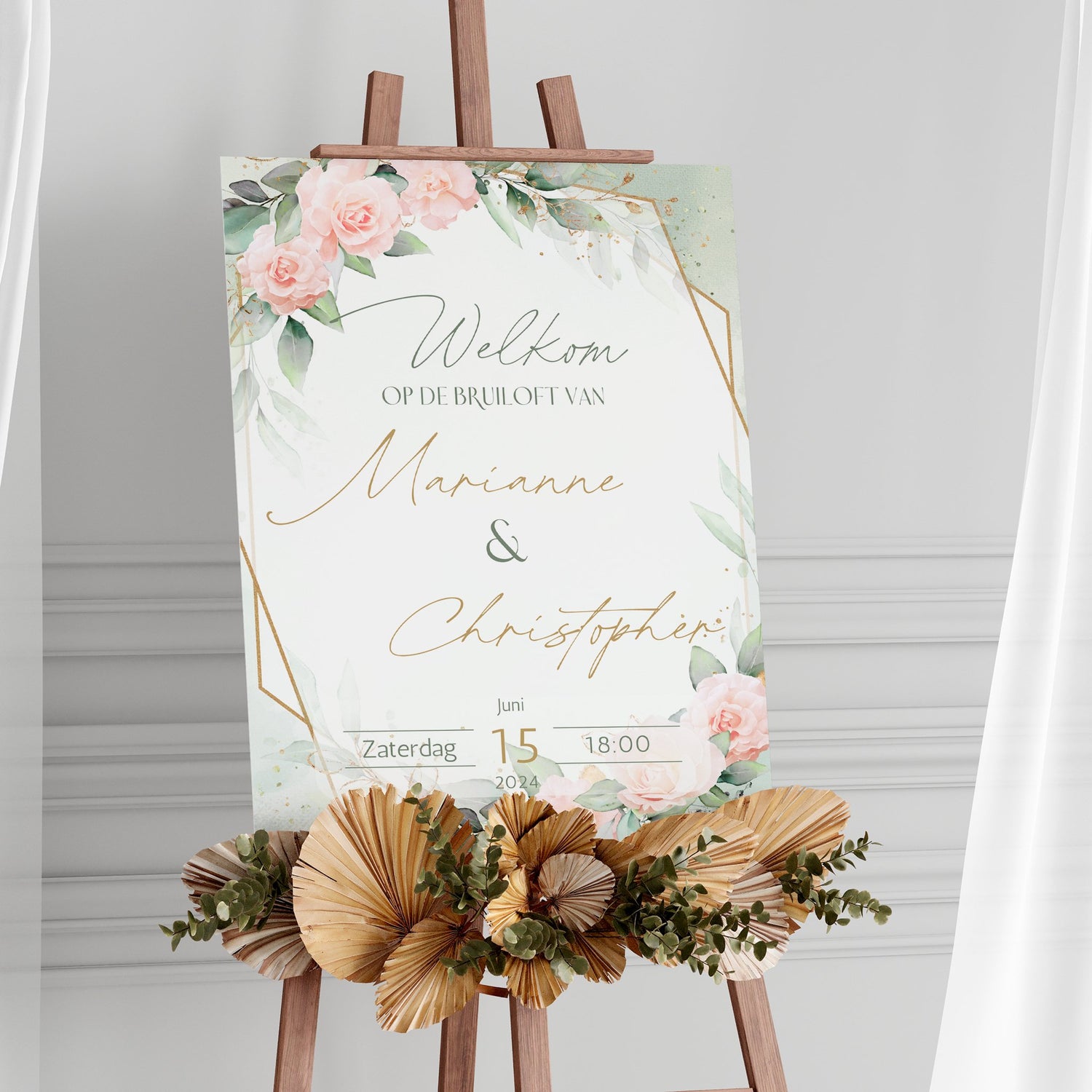 Pink Green Floral Welkomstbord voor Huwelijk - Downloadbaar Bestand in A3, A4, A5 formaat - Print & Plan