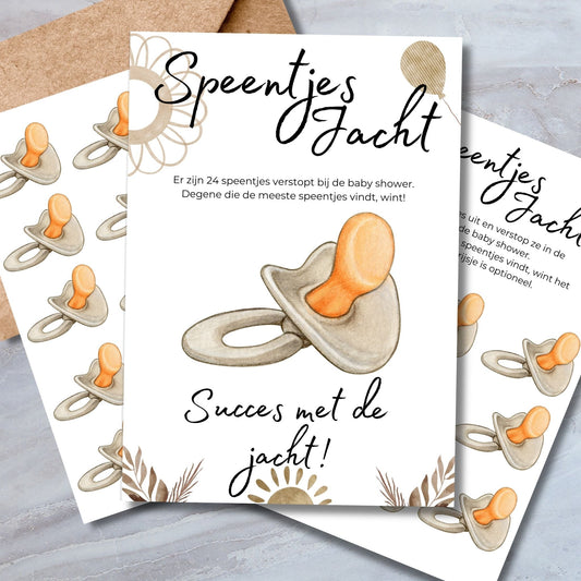 Speentjes Jacht Spel - Beige Boho Stijl - Babyshower Download - Print & Plan