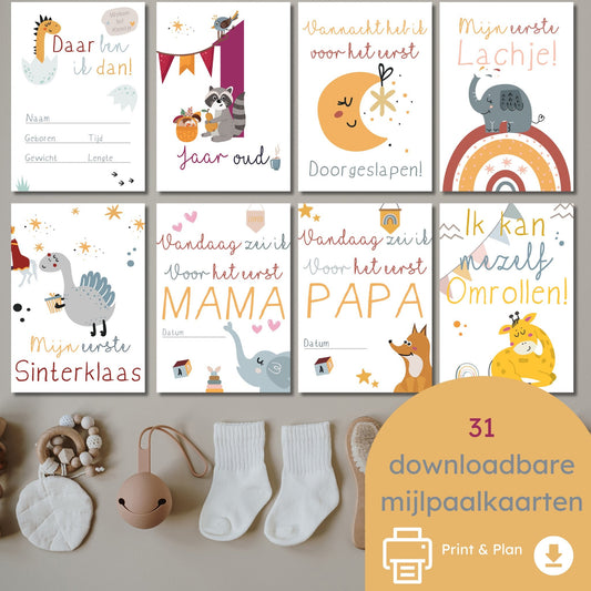 Vrolijke Mijlpaalkaarten Set voor Baby's 1e Jaar - Downloadbare PDF - 31 Kaarten - Colorful world - Print & Plan