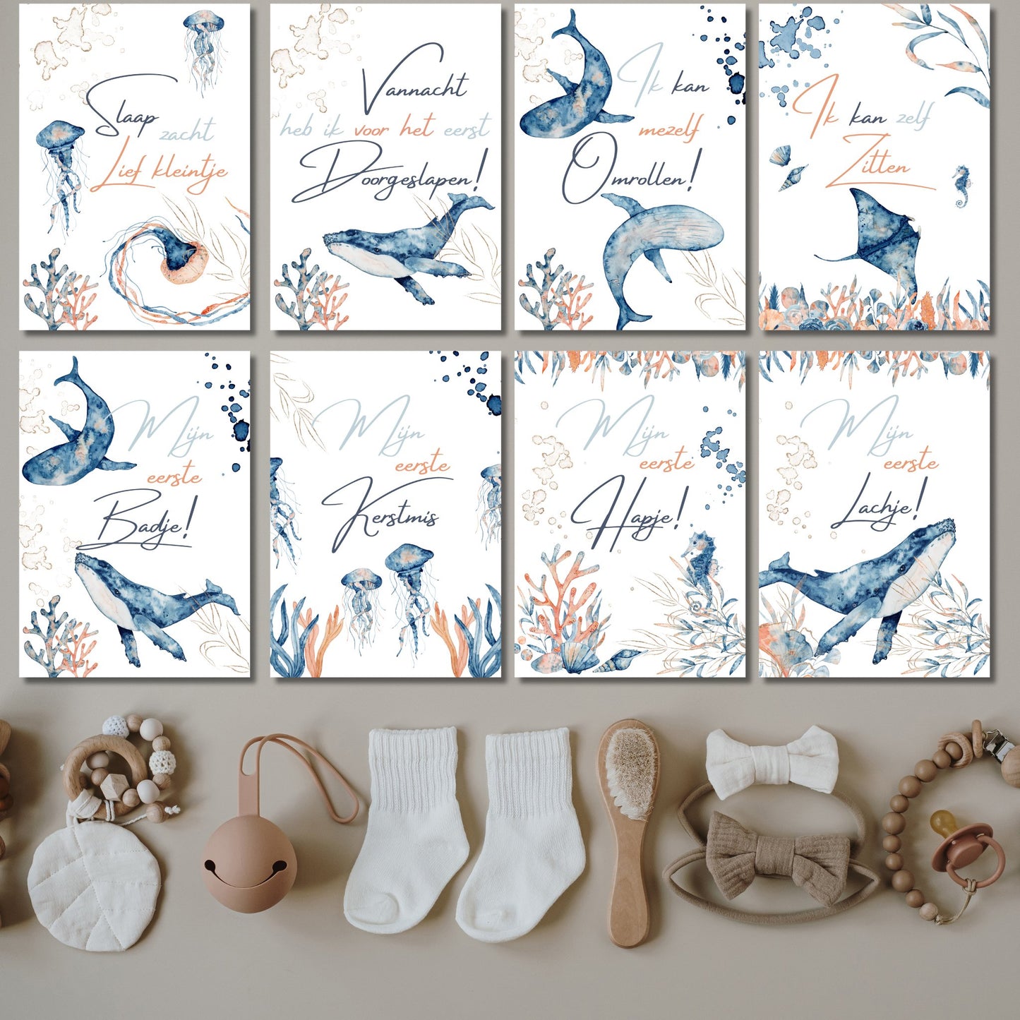 Watercolor Onderwater dieren Mijlpaalkaarten Set voor Baby's 1e Jaar - 31 Kaarten - Download - Print & Plan