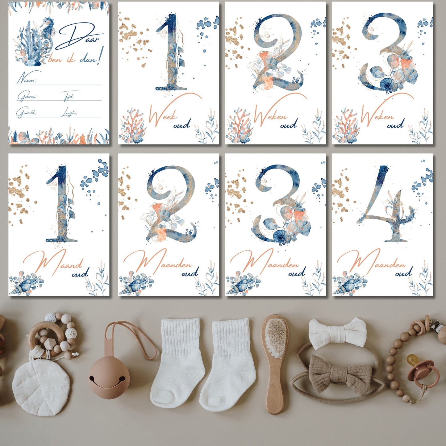 Watercolor Onderwater dieren Mijlpaalkaarten Set voor Baby's 1e Jaar - 31 Kaarten - Download - Print & Plan