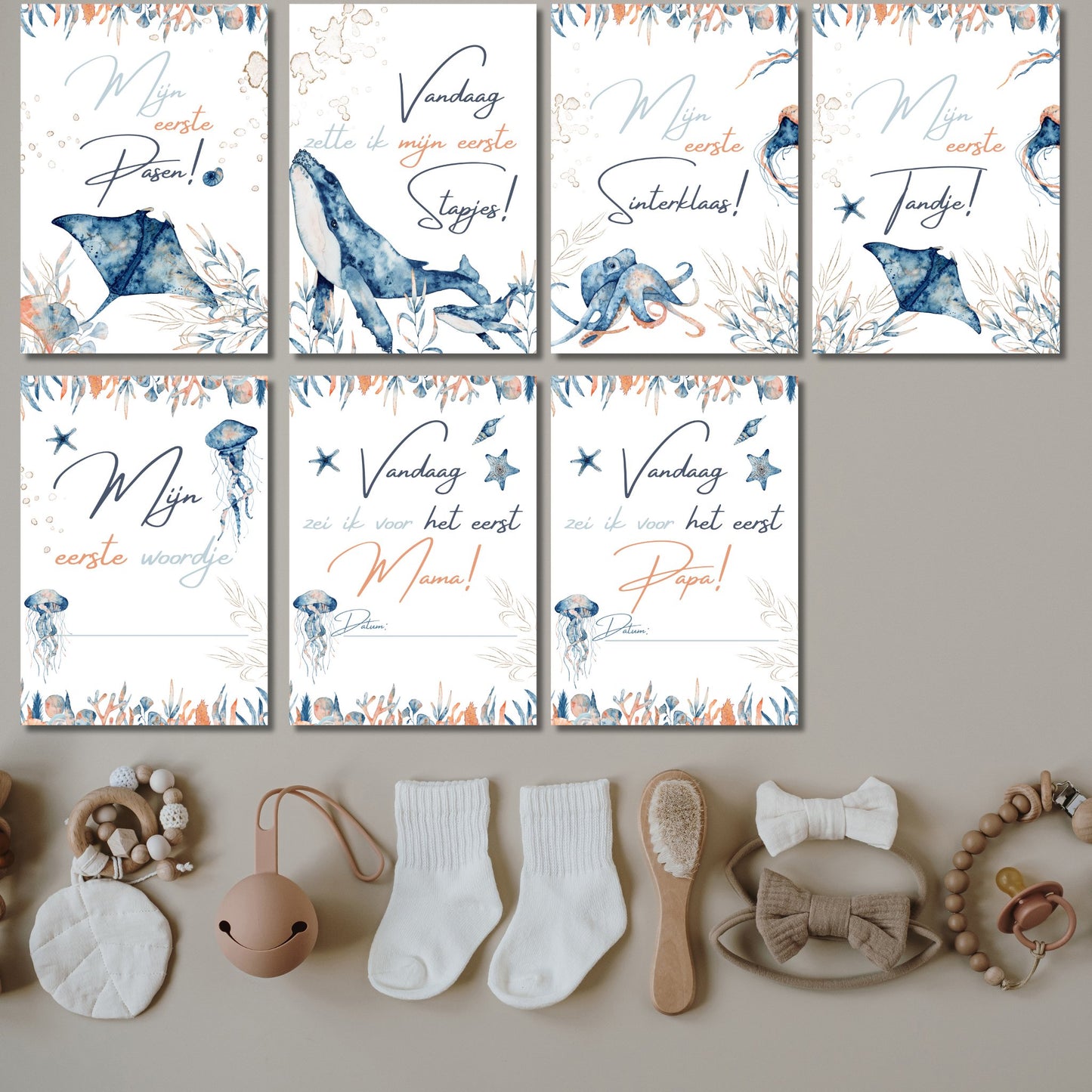 Watercolor Onderwater dieren Mijlpaalkaarten Set voor Baby's 1e Jaar - 31 Kaarten - Download - Print & Plan