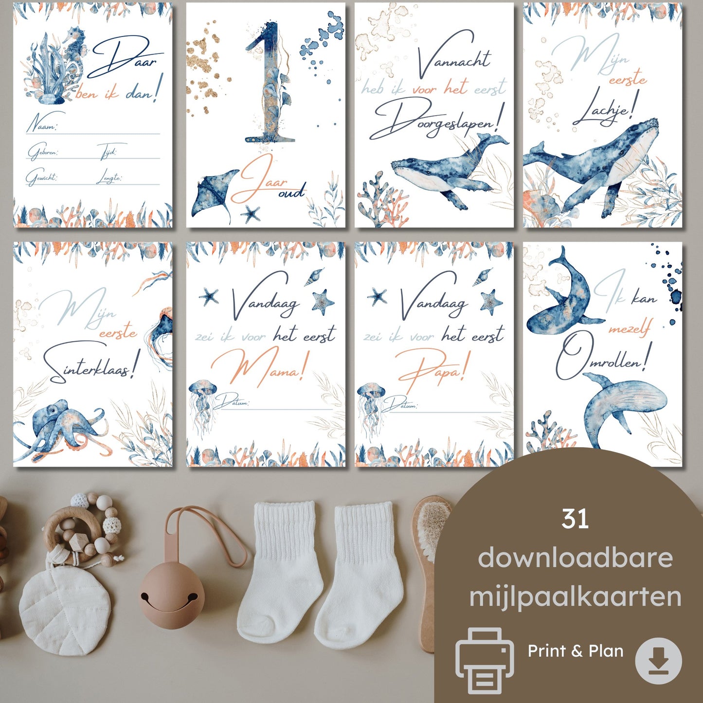 Watercolor Onderwater dieren Mijlpaalkaarten Set voor Baby's 1e Jaar - 31 Kaarten - Download - Print & Plan